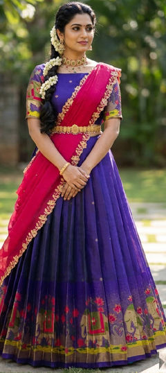 Blue, Pink and Majenta color Lehenga in Silk fabric with Weaving work