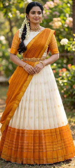 Beige and Brown, Yellow color Lehenga in Silk fabric with Weaving work