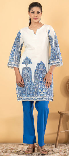 Blue, White and Off White color Salwar Kameez in Mul Cotton fabric with Floral, Printed, Thread work