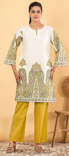 Green, White and Off White color Salwar Kameez in Mul Cotton fabric with Floral, Printed, Thread work
