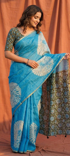 Blue color Saree in Linen fabric with Printed work