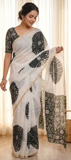 Black and Grey color Saree in Linen fabric with Printed work