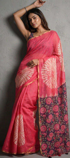 Pink and Majenta color Saree in Linen fabric with Printed work