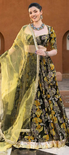 Green color Lehenga in Chanderi Silk fabric with Printed work