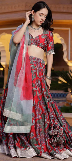 Black and Grey, Red and Maroon color Lehenga in Chanderi Silk fabric with Printed work