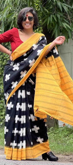 Black and Grey color Saree in Linen fabric with Digital Print work
