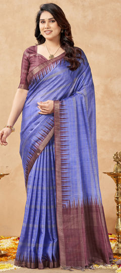 Blue color Saree in Tussar Silk fabric with Weaving work