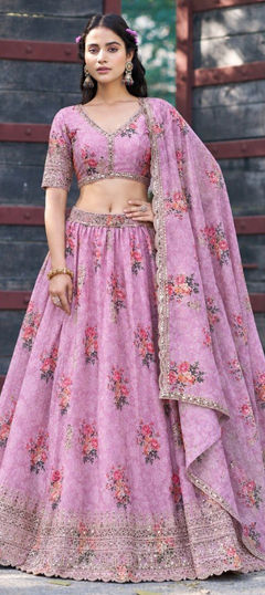 Pink and Majenta color Lehenga in Georgette fabric with Embroidered, Floral, Printed, Sequence, Thread, Zari work