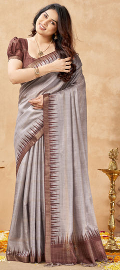 Black and Grey color Saree in Tussar Silk fabric with Weaving work