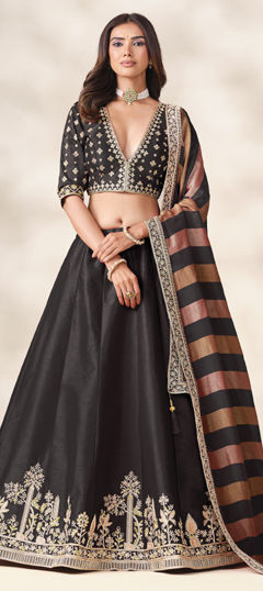 Black and Grey color Lehenga in Art Silk fabric with Embroidered work