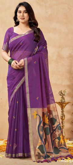 Purple and Violet color Saree in Linen fabric with Printed work