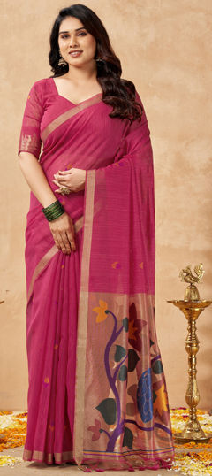 Pink and Majenta color Saree in Linen fabric with Printed work