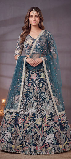 Blue color Lehenga in Net fabric with Embroidered, Sequence, Thread work
