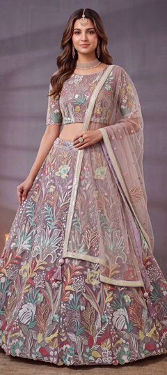 Purple and Violet color Lehenga in Net fabric with Embroidered, Sequence, Thread work