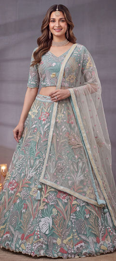 Blue color Lehenga in Net fabric with Embroidered, Sequence, Thread work