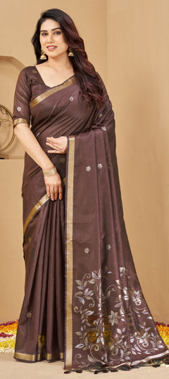 Beige and Brown color Saree in Silk fabric with Weaving work