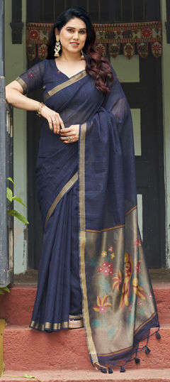 Blue color Saree in Linen fabric with Printed work