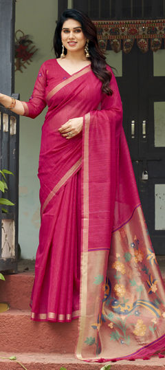 Pink and Majenta color Saree in Linen fabric with Printed work