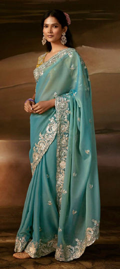 Blue color Saree in Organza Silk fabric with Aari, Gota Patti, Sequence, Zari work
