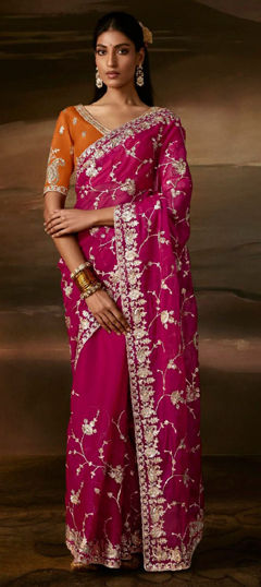 Orange, Pink and Majenta color Saree in Organza Silk fabric with Aari, Gota Patti, Sequence, Zari work