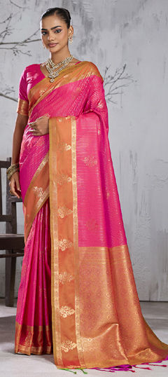 Pink and Majenta color Saree in Silk fabric with Weaving work