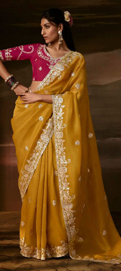 Pink and Majenta, Yellow color Saree in Organza Silk fabric with Aari, Gota Patti, Sequence, Zari work