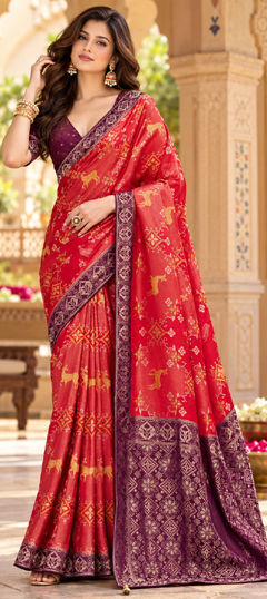 Red and Maroon color Saree in Tissue fabric with Weaving, Zari work