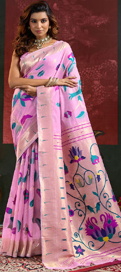 Pink and Majenta color Saree in Cotton fabric with Weaving work