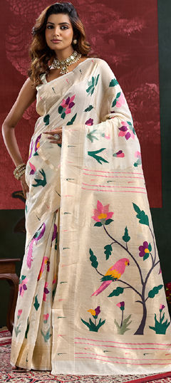 White and Off White color Saree in Cotton fabric with Weaving work