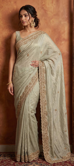 Green color Saree in Viscose fabric with Bugle Beads, Embroidered, Foil Print, Sequence work