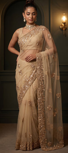 Beige and Brown color Saree in Net fabric with Bugle Beads, Embroidered, Moti, Sequence work