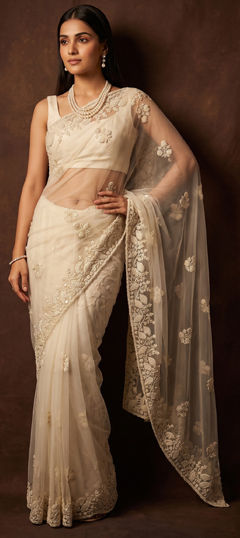 White and Off White color Saree in Net fabric with Bugle Beads, Embroidered, Moti, Sequence work