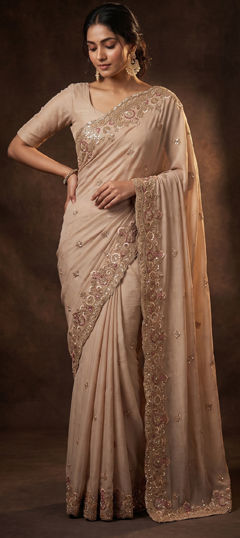 Beige and Brown color Saree in Georgette fabric with Bugle Beads, Embroidered, Sequence work