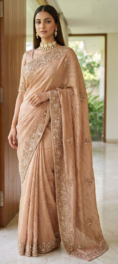 Pink and Majenta color Saree in Crushed Silk, Organza Silk fabric with Sequence, Stone, Zardozi work