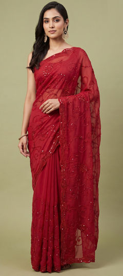 Red and Maroon color Saree in Tissue fabric with Sequence, Stone, Thread work