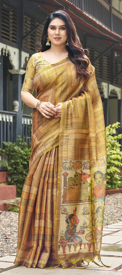 Beige and Brown color Saree in Silk fabric with Printed work