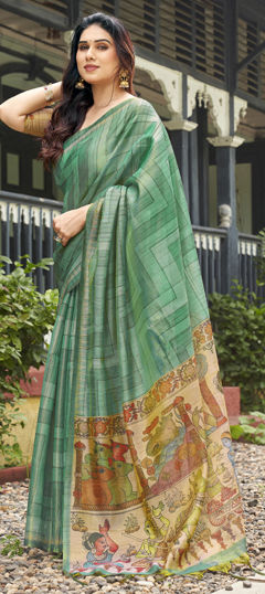 Green color Saree in Silk fabric with Printed work
