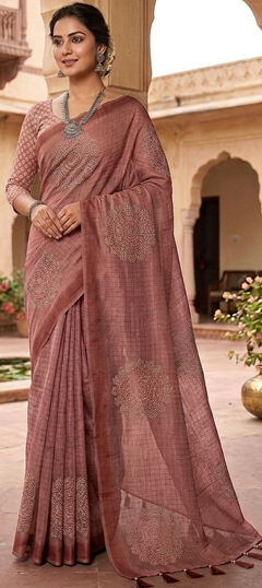 Beige and Brown color Saree in Chanderi fabric with Printed work