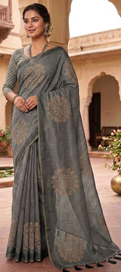 Black and Grey color Saree in Chanderi fabric with Printed work