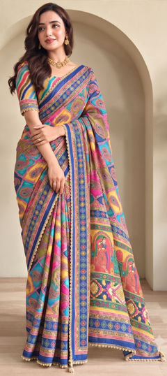 Multicolor color Saree in Silk fabric with Floral, Lace, Printed work