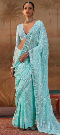 Blue color Saree in Georgette fabric with Embroidered, Sequence work