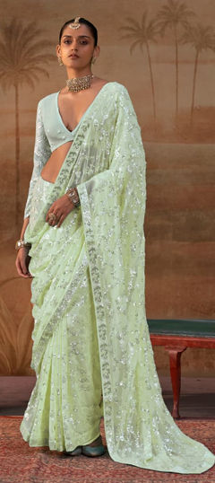 Green color Saree in Georgette fabric with Embroidered, Sequence work