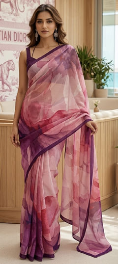 Purple and Violet color Saree in Crepe Silk fabric with Digital Print, Floral work