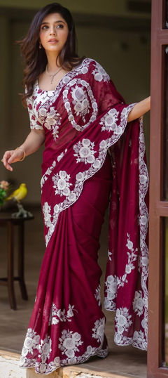 Red and Maroon color Saree in Organza Silk fabric with Embroidered, Thread work