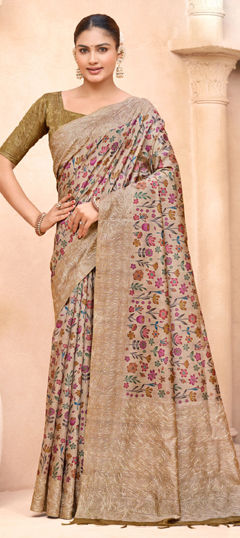White and Off White color Saree in Silk fabric with Floral, Printed, Thread work