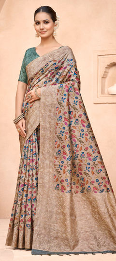 White and Off White color Saree in Silk fabric with Floral, Printed, Thread work