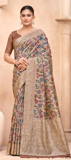 White and Off White color Saree in Silk fabric with Floral, Printed, Thread work