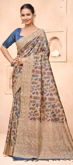 White and Off White color Saree in Silk fabric with Floral, Printed, Thread work