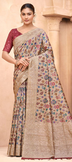 White and Off White color Saree in Silk fabric with Floral, Printed, Thread work