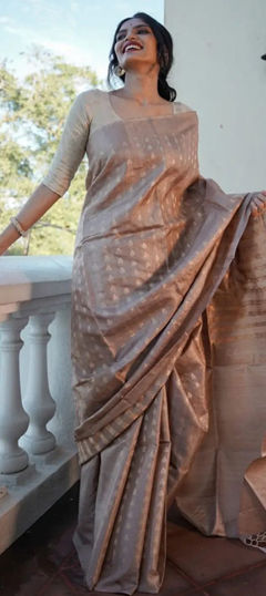 Beige and Brown color Saree in Silk fabric with Weaving work
